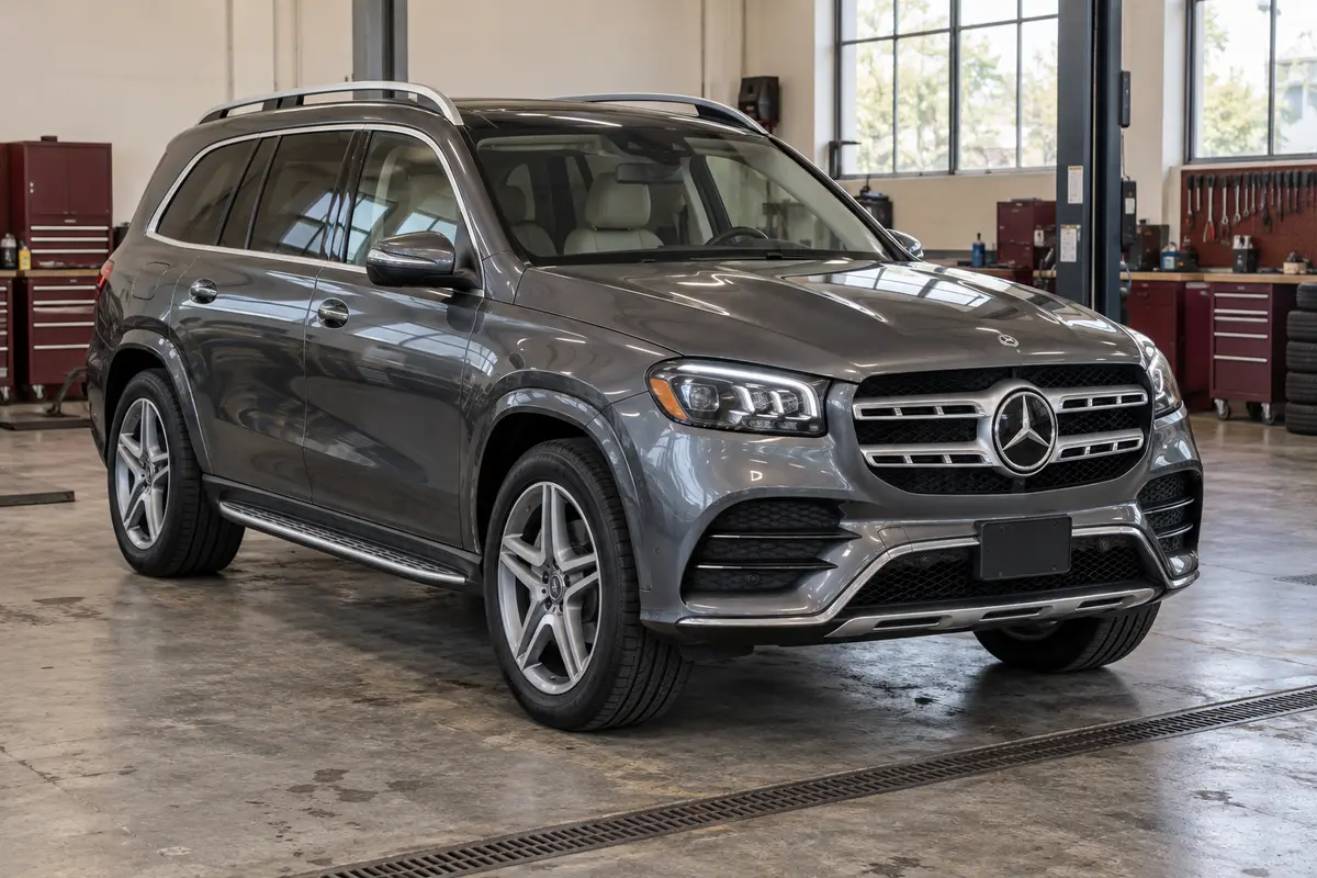 Graphite gray Mercedes GLS450 X167 parked inside a workshop