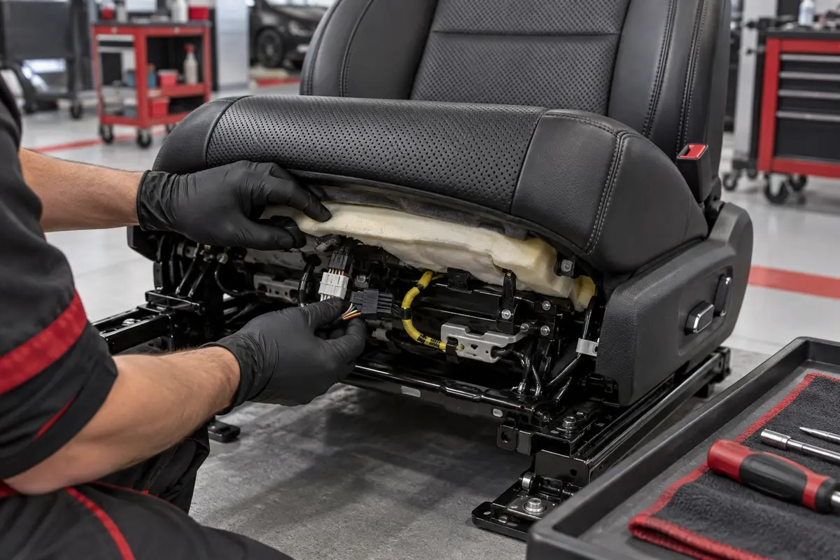 Technician inspecting wiring connectors and foam beneath a perforated Mercedes seat