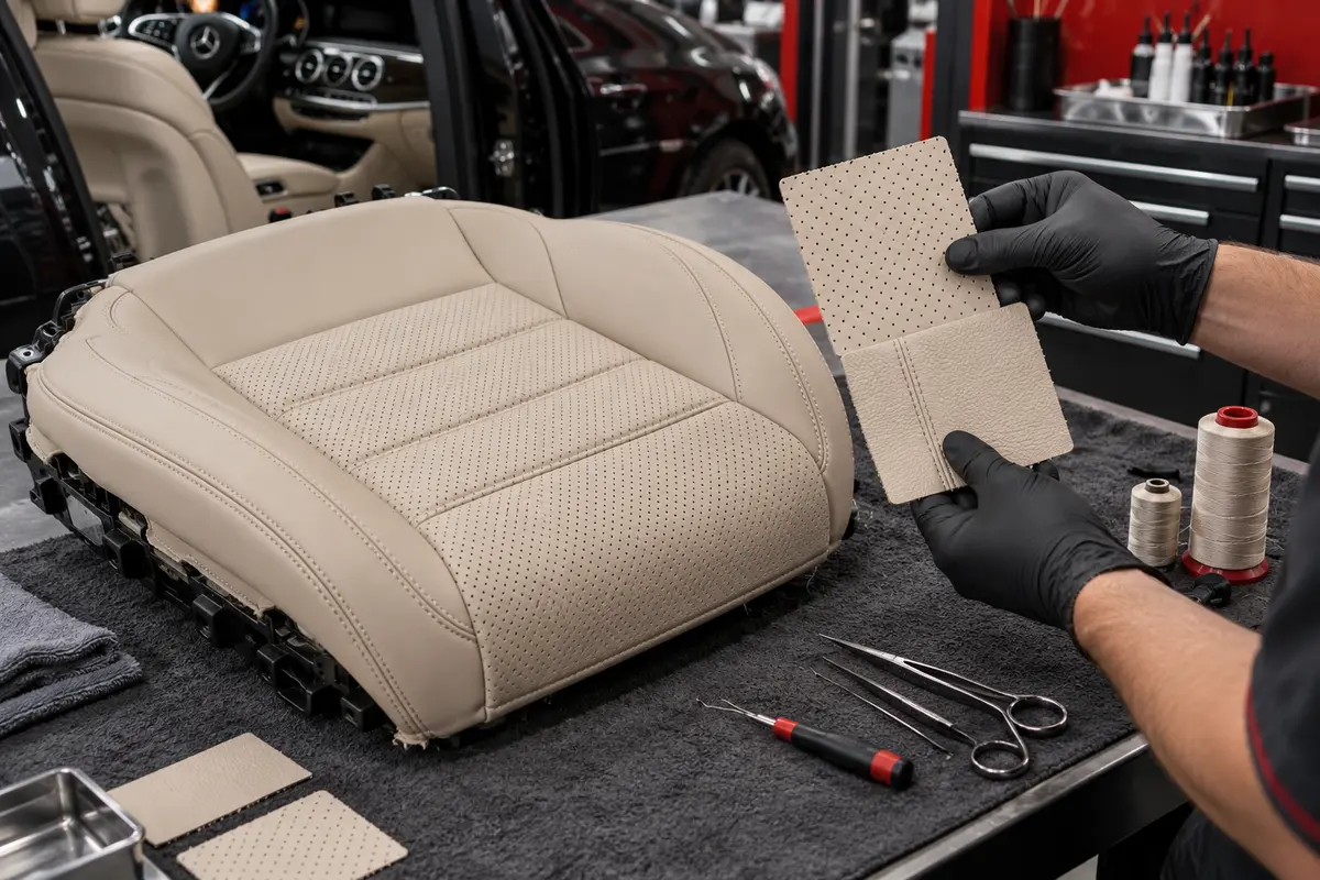Technician comparing perforated beige leather samples with a Mercedes seat cushion panel