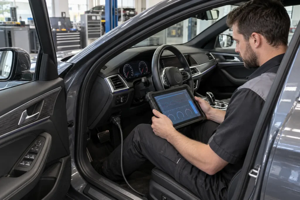 Technician reading transmission live data from a stationary Mercedes during 7G-Tronic diagnosis