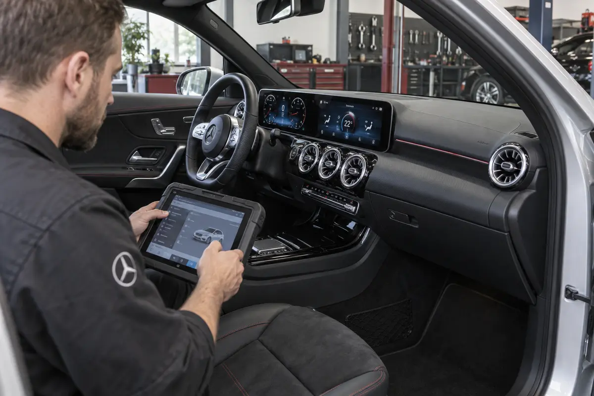 Technician using a diagnostic tablet inside a Mercedes A250 cabin