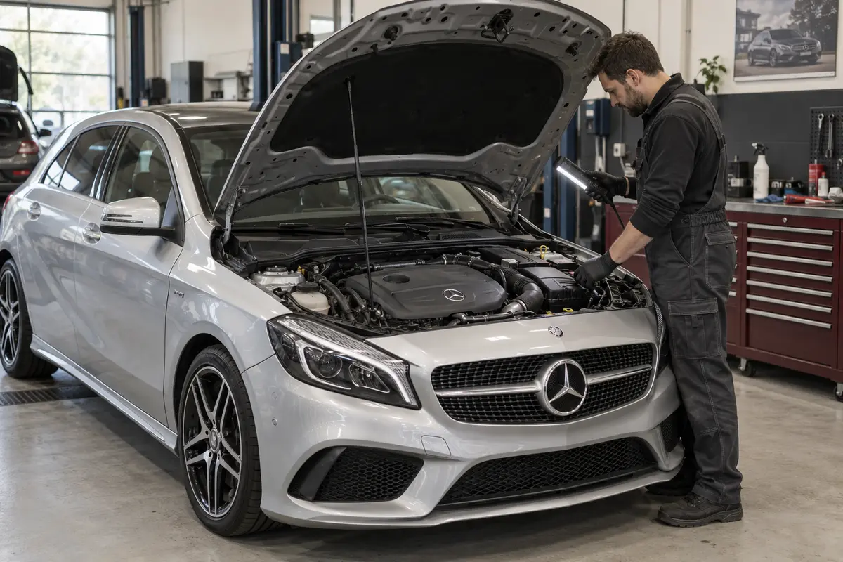 Technician inspecting the engine bay of a silver Mercedes A250