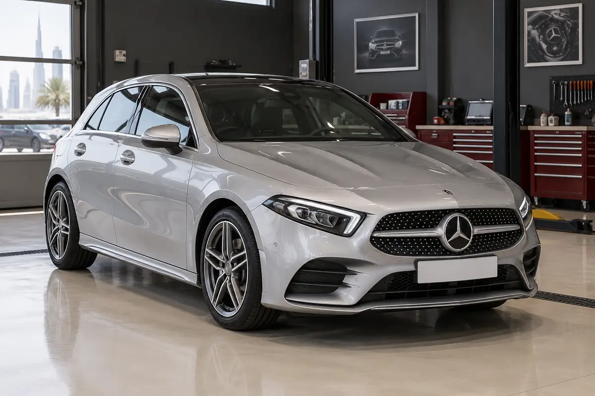 Silver Mercedes A250 W177 hatchback in a workshop