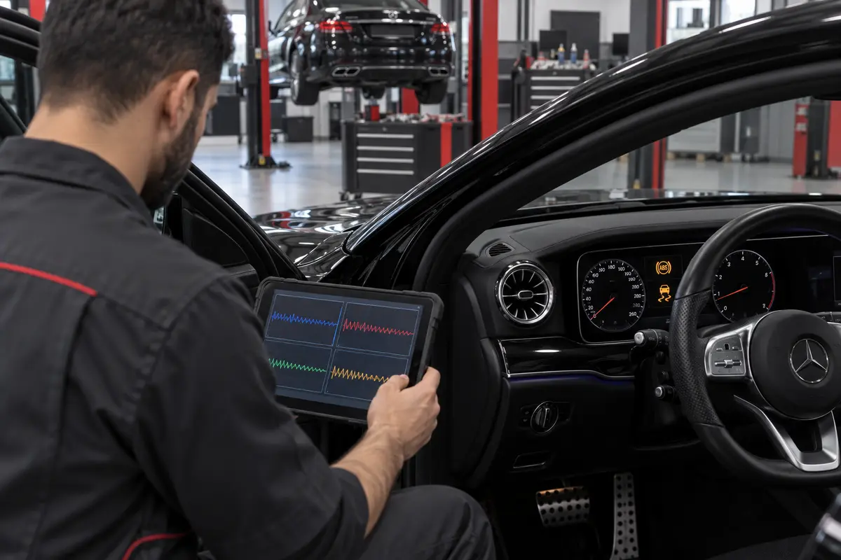 Technician reviewing wheel-speed signals beside a Mercedes with ABS and stability warnings