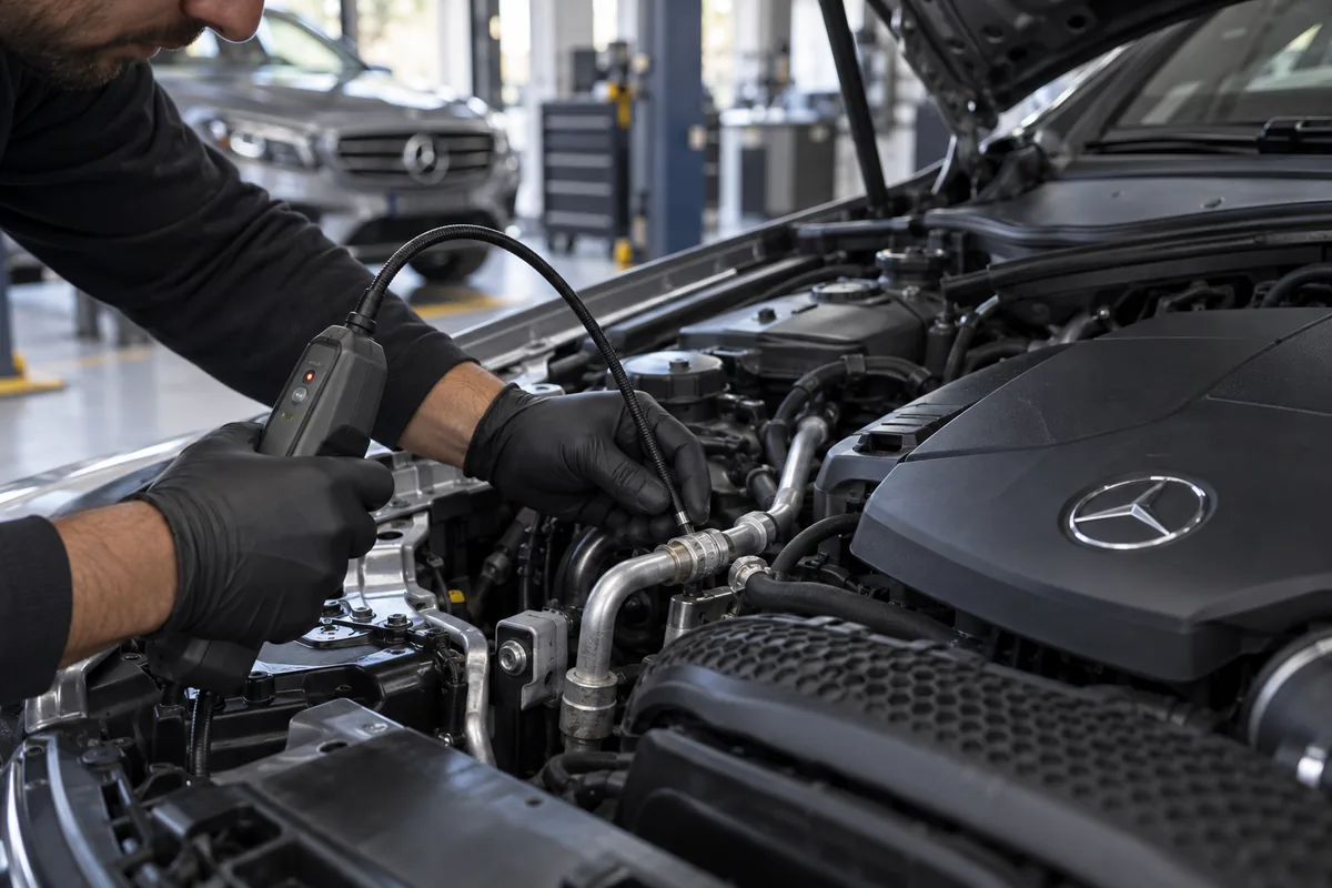 Technician checking an air-conditioning refrigerant line in a Mercedes engine bay