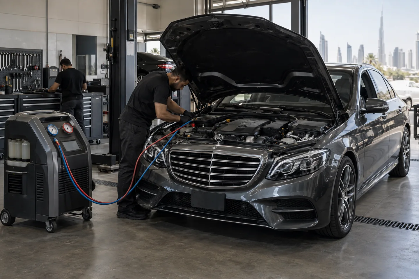 Mercedes sedan beside an air-conditioning service station in a workshop