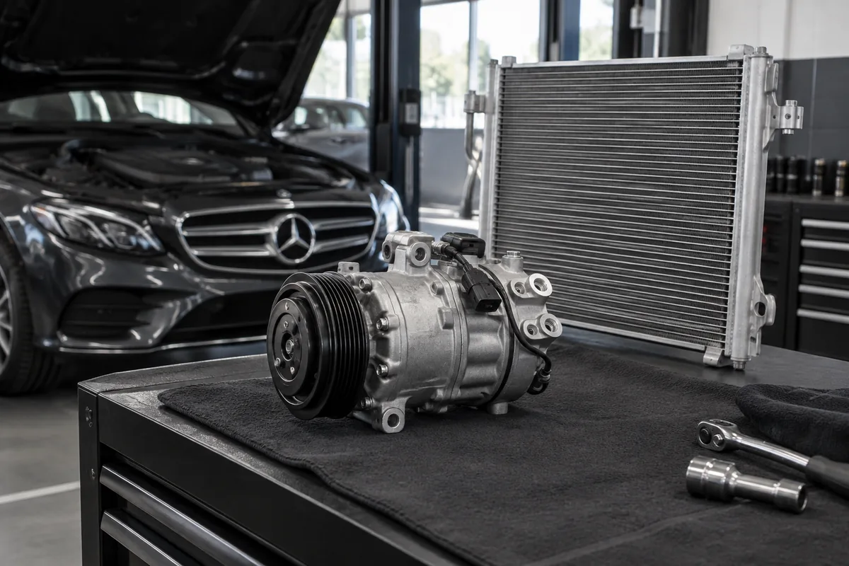Air-conditioning compressor and condenser on a clean workshop bench
