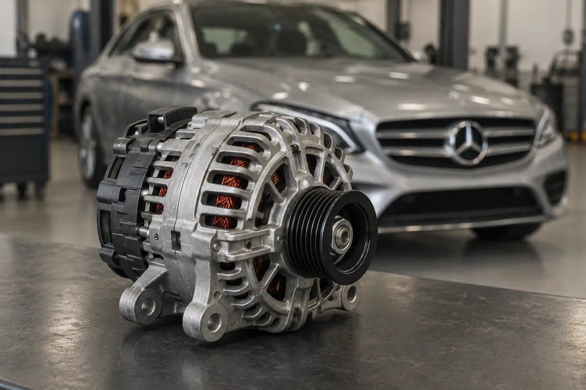 Conventional alternator on a workbench with a silver Mercedes sedan behind it