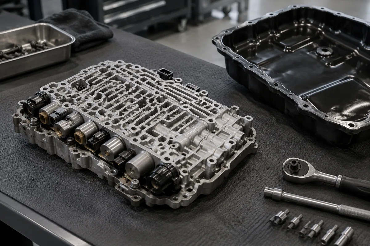 Automatic transmission valve body and fluid pan on a workshop bench