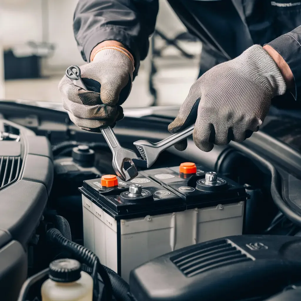 Gloved hands checking a vehicle battery connection
