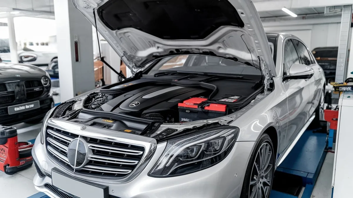 Mercedes with its bonnet open in a service bay