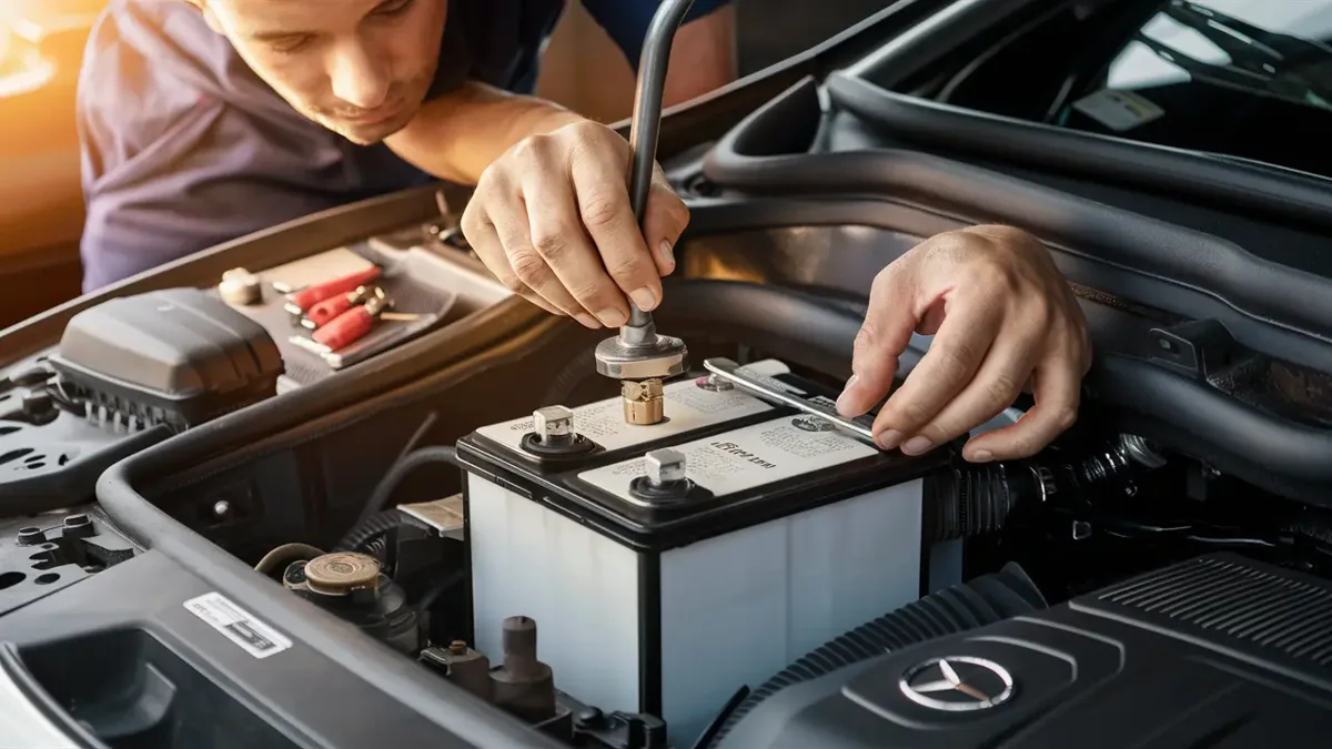 Replacement vehicle battery being fitted in an engine bay