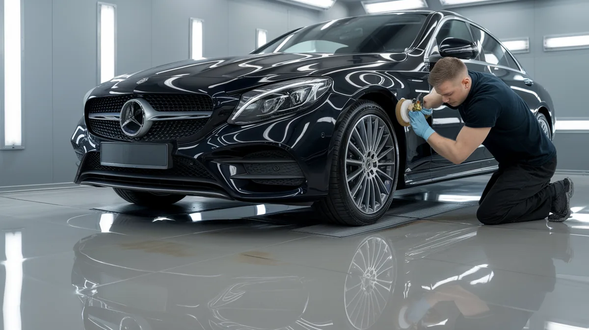 Technician inspecting the finish on a black Mercedes