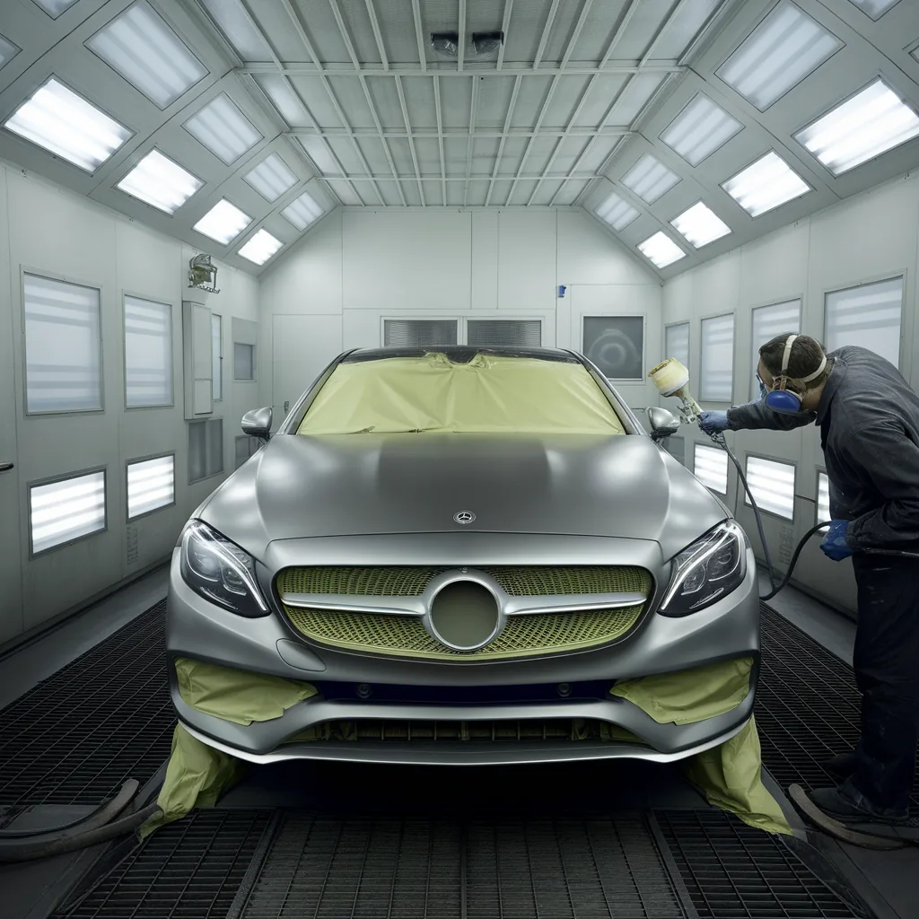 Mercedes prepared for paintwork in a spray booth