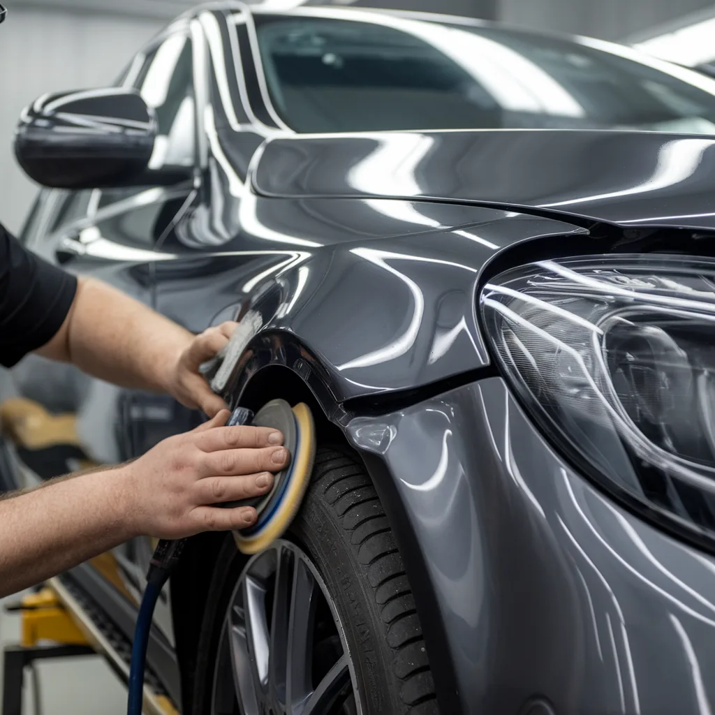 Technician polishing a Mercedes front fender
