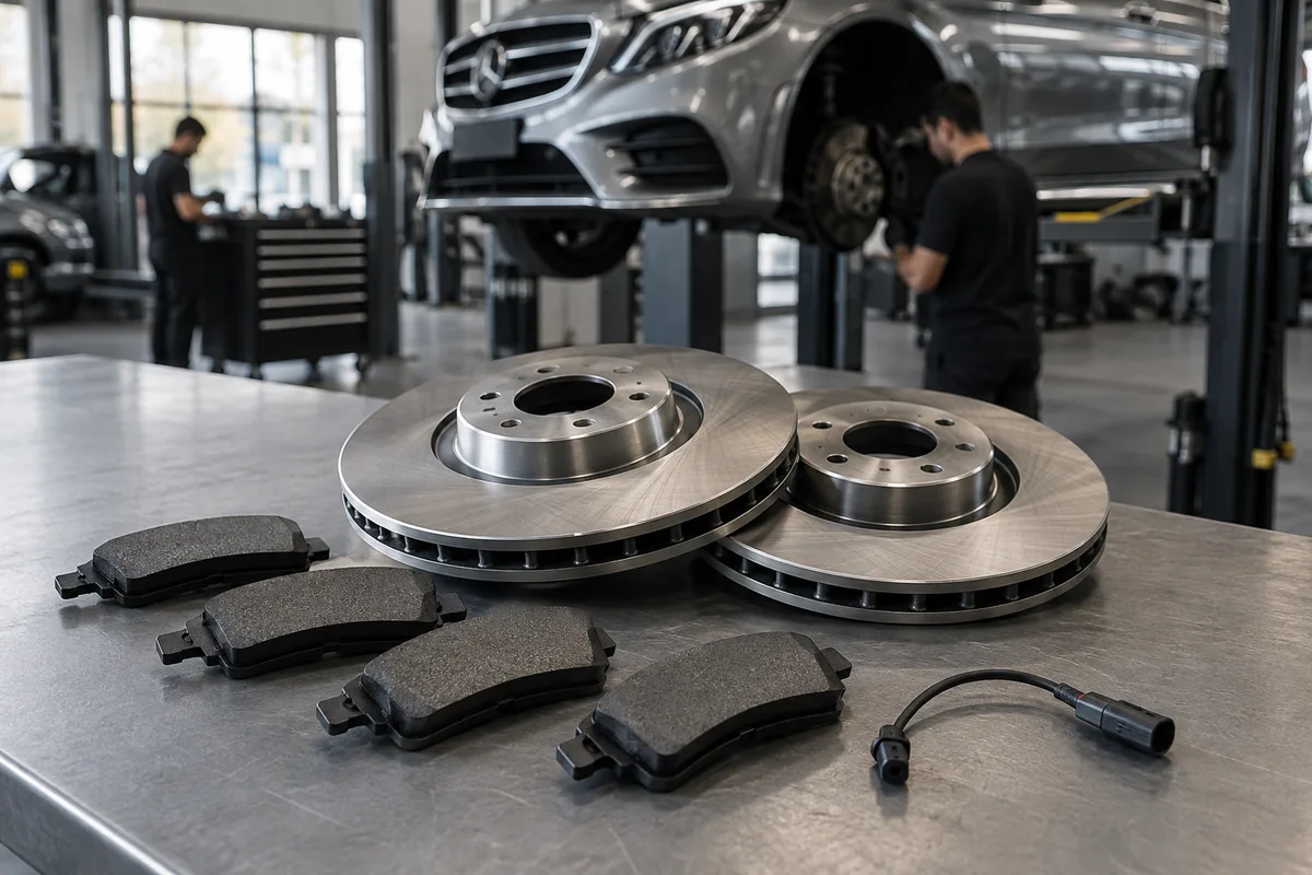 Brake pads, two brake discs, and a wear sensor arranged on a workshop bench