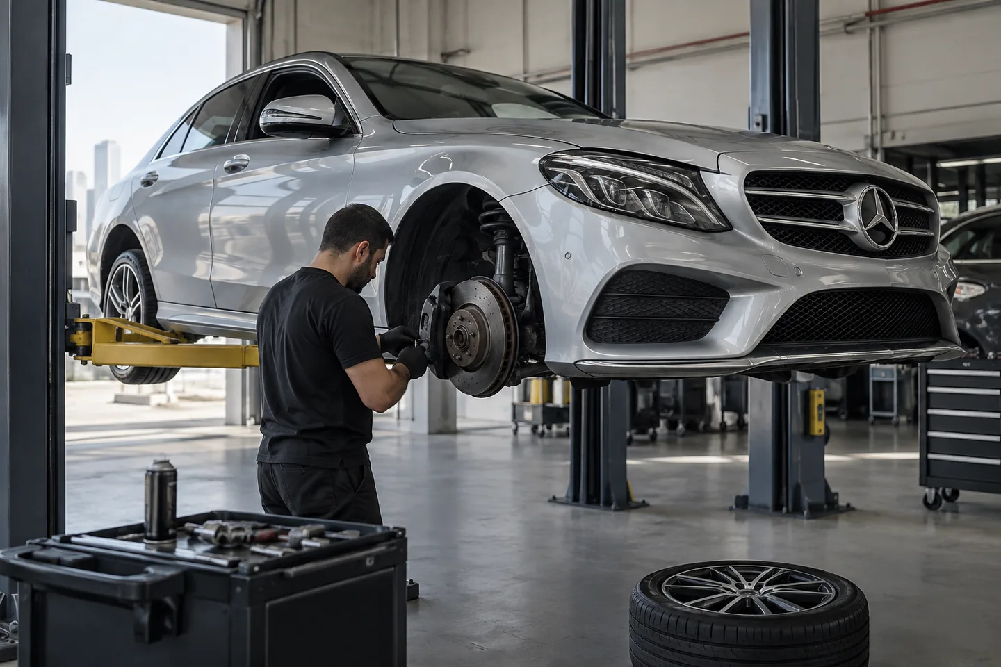 Technician beside the exposed front brake assembly of a silver Mercedes sedan