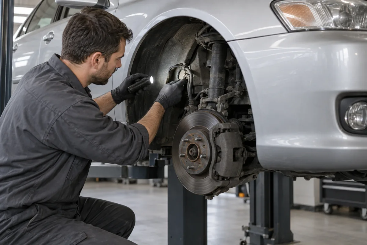 Illustration of a technician checking a Mercedes brake hose and wheel assembly