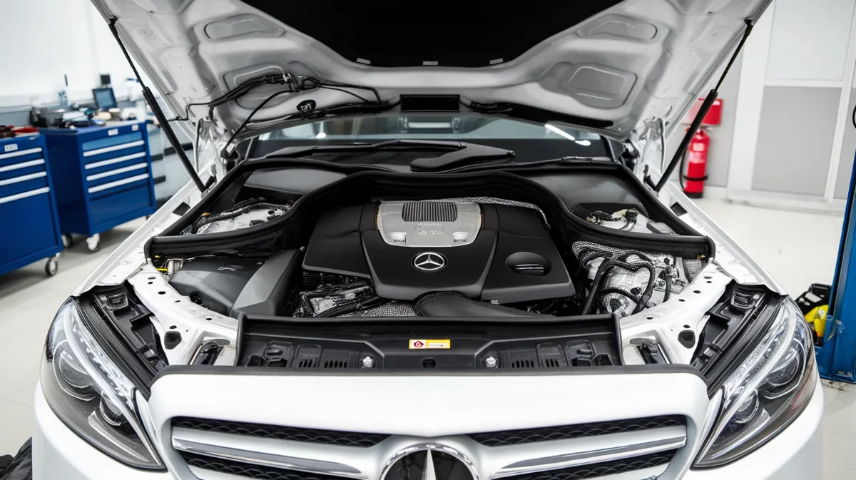 Mercedes C-Class with its bonnet open in a workshop