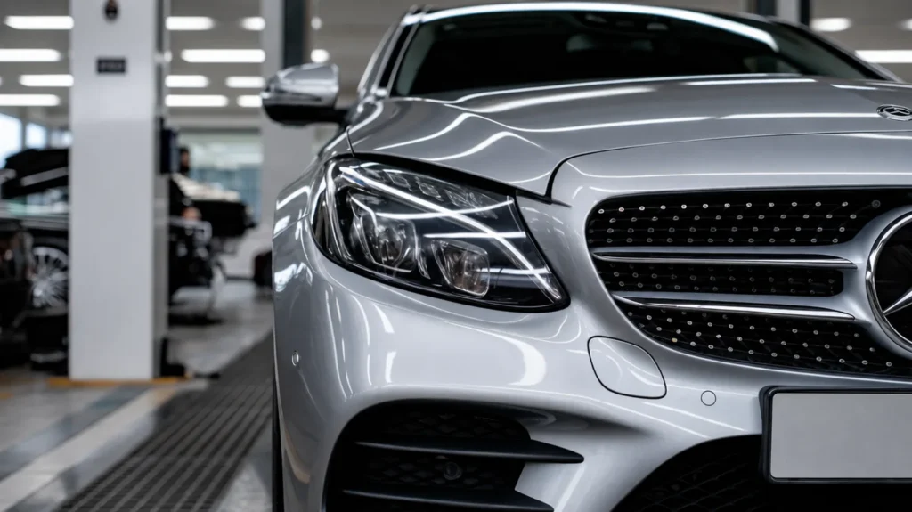 Silver Mercedes C-Class front in a workshop, illustrating C180 service bookings