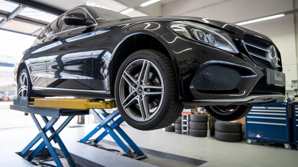 C-Class raised on a workshop lift for inspection of wear items
