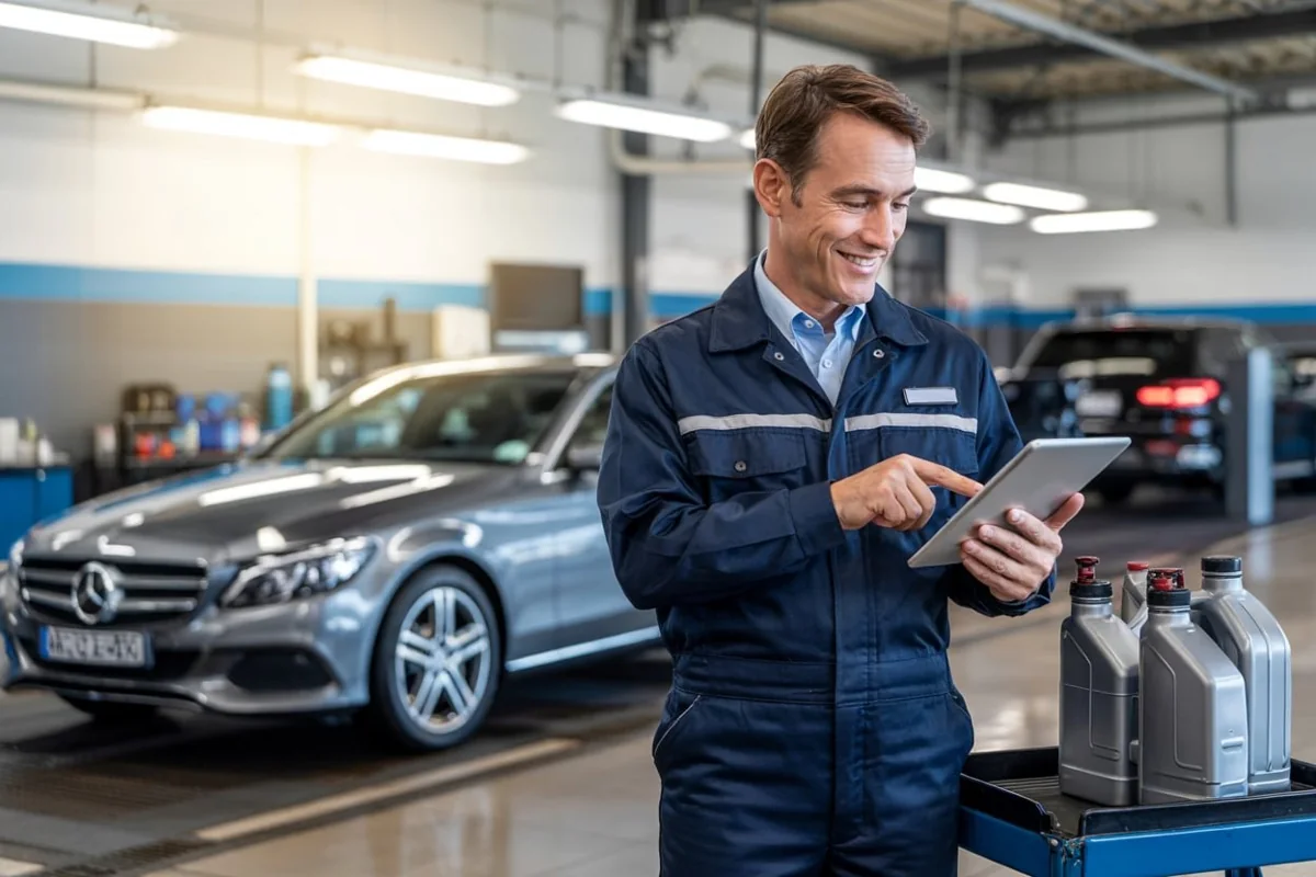 Technician reviewing service information beside a Mercedes