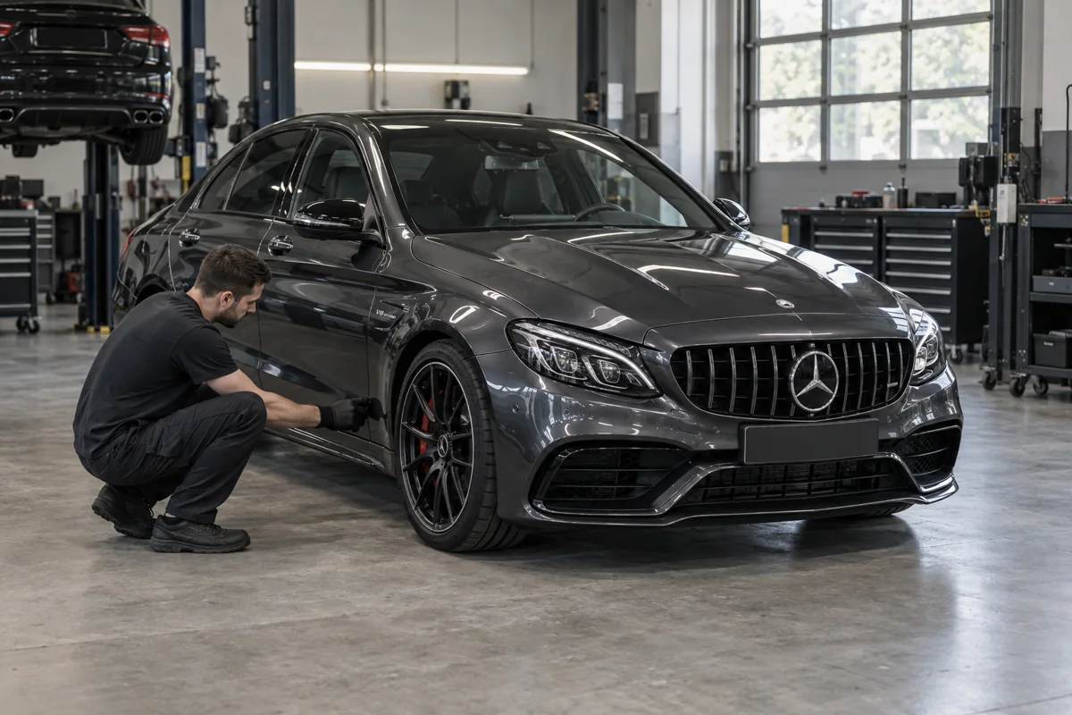 Mercedes C63 AMG in a workshop