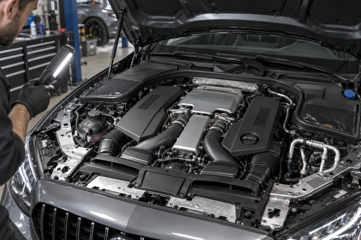 AMG V8 engine bay being inspected with a work light
