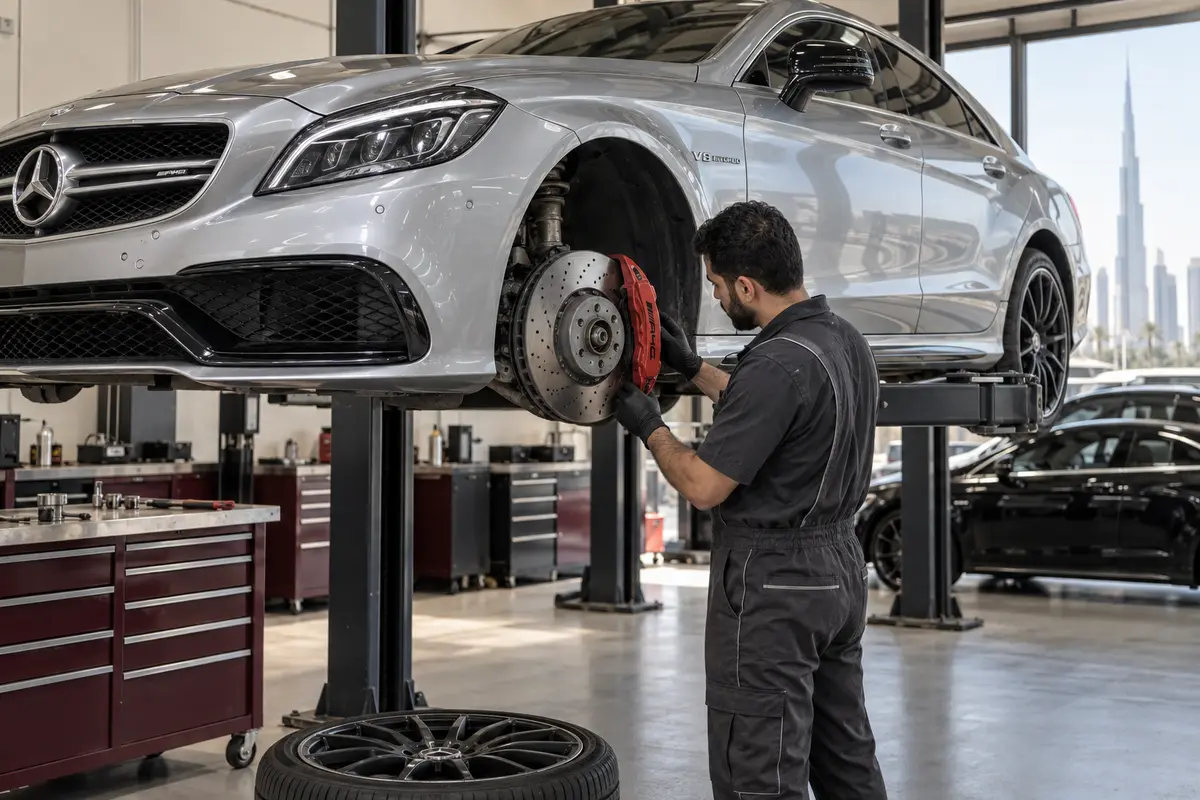 Mercedes CLS63 AMG front brake disc and caliper inspection with the wheel removed