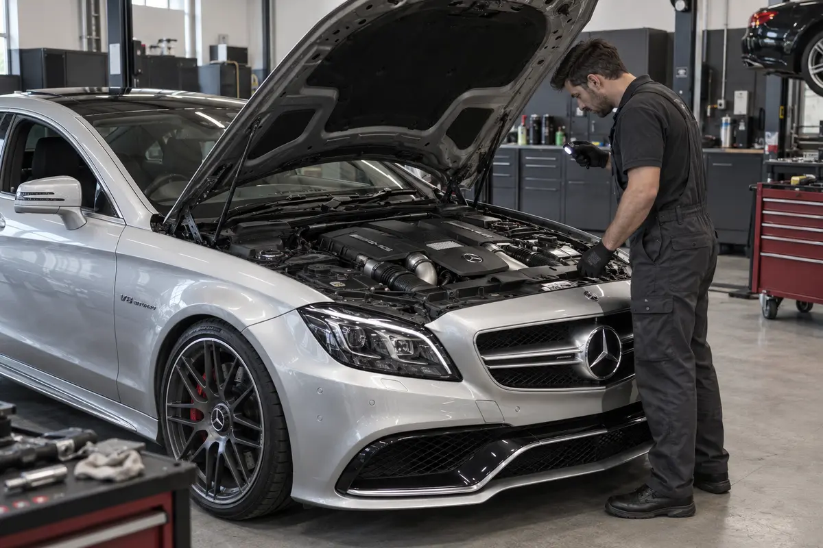 Technician inspecting the engine bay of a Mercedes CLS63 AMG with the hood open