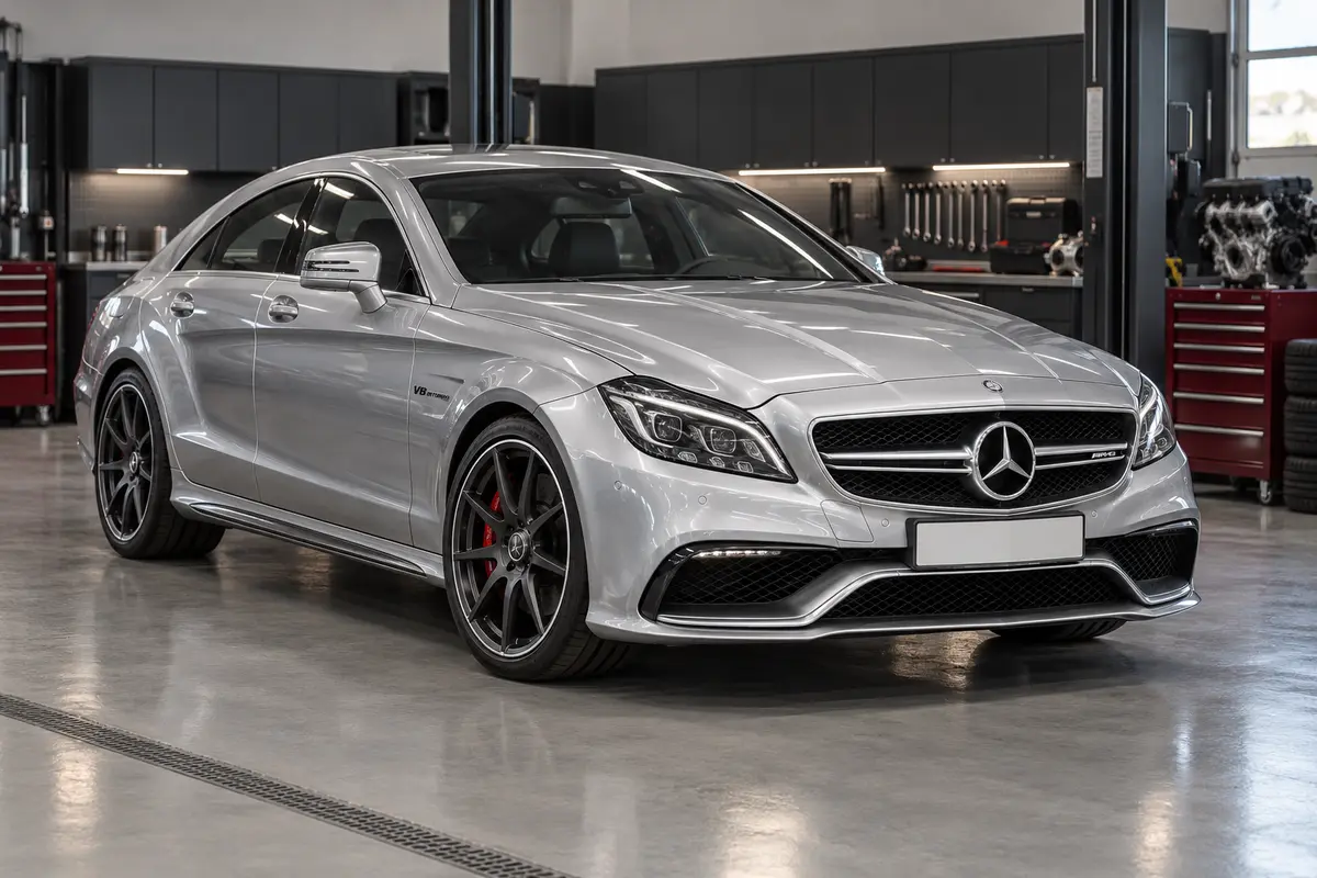 Silver Mercedes CLS63 AMG C218 parked in a workshop