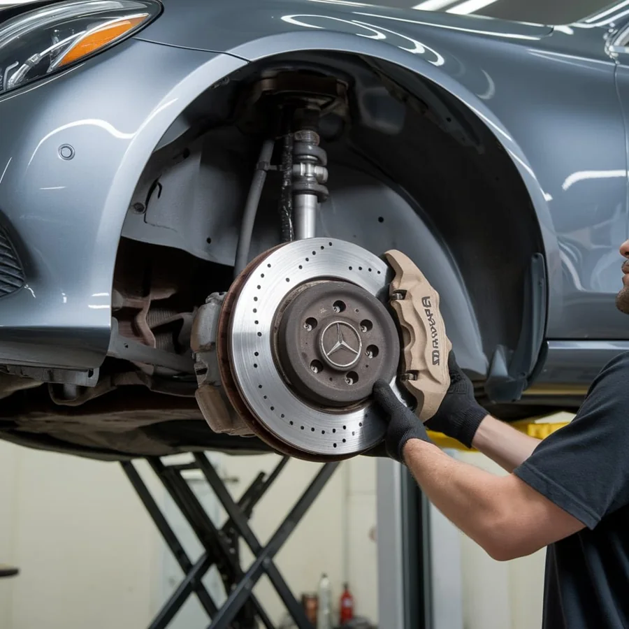 Brake disc and suspension area of a Mercedes being inspected