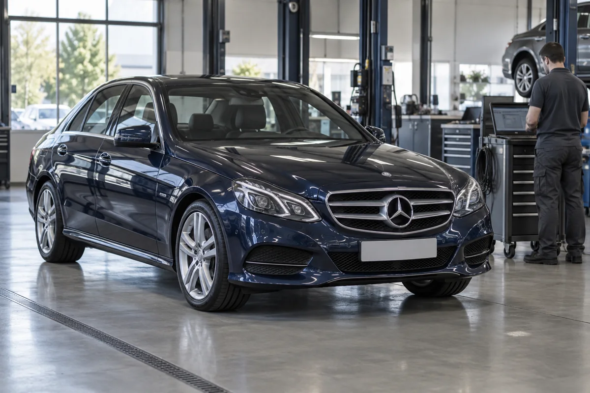 Mercedes E350 in a workshop