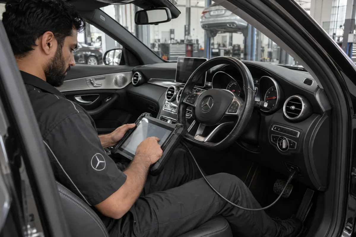 Illustration of a diagnostic tablet being used in a parked Mercedes cabin