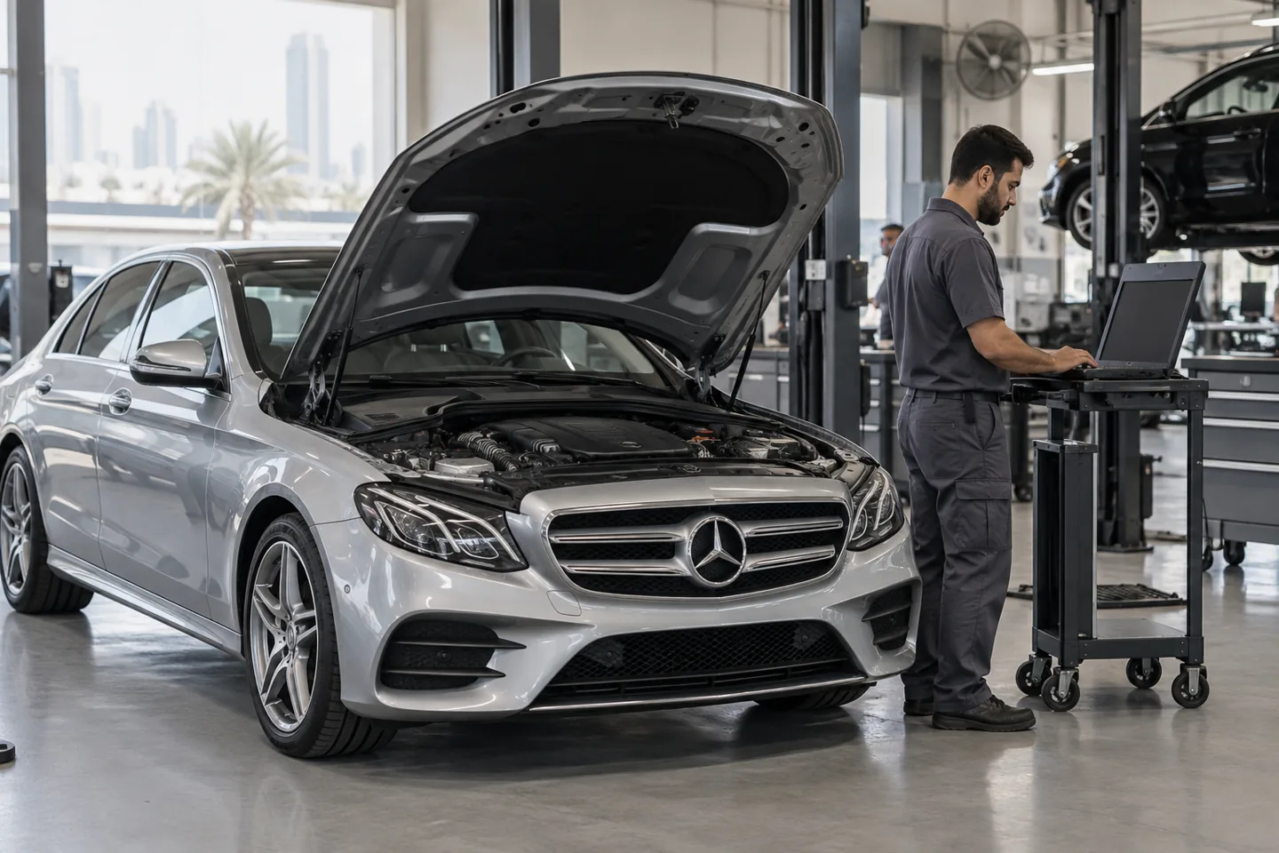Mercedes engine diagnostic scene in a workshop, illustrating ECM repair bookings