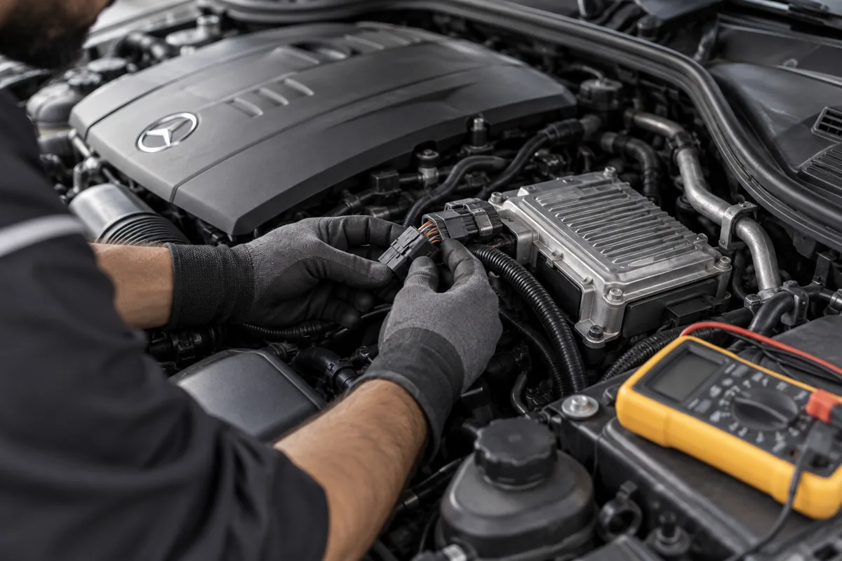 Illustration of a technician inspecting an engine controller connector and wiring