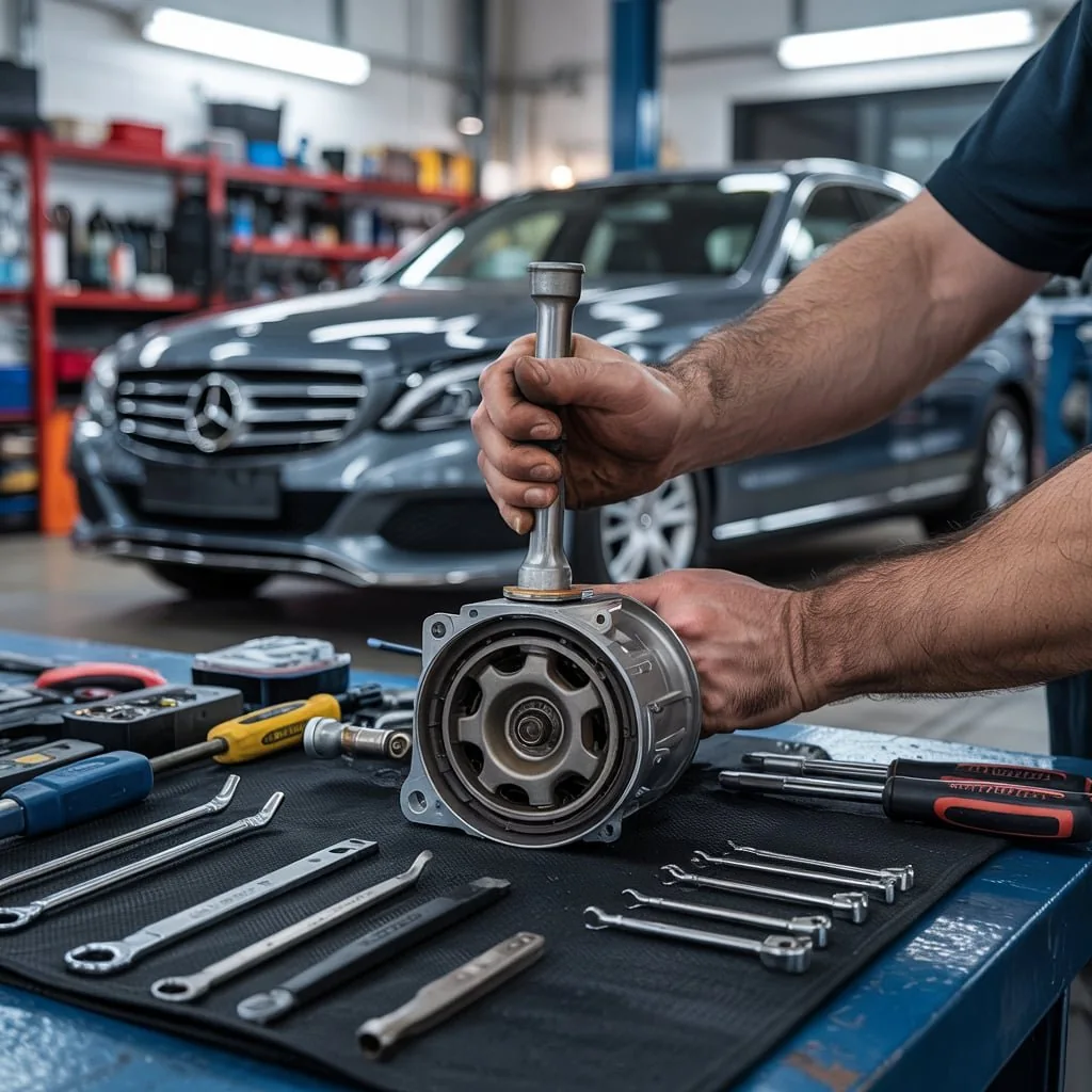 Alternator assembly being examined on a workbench