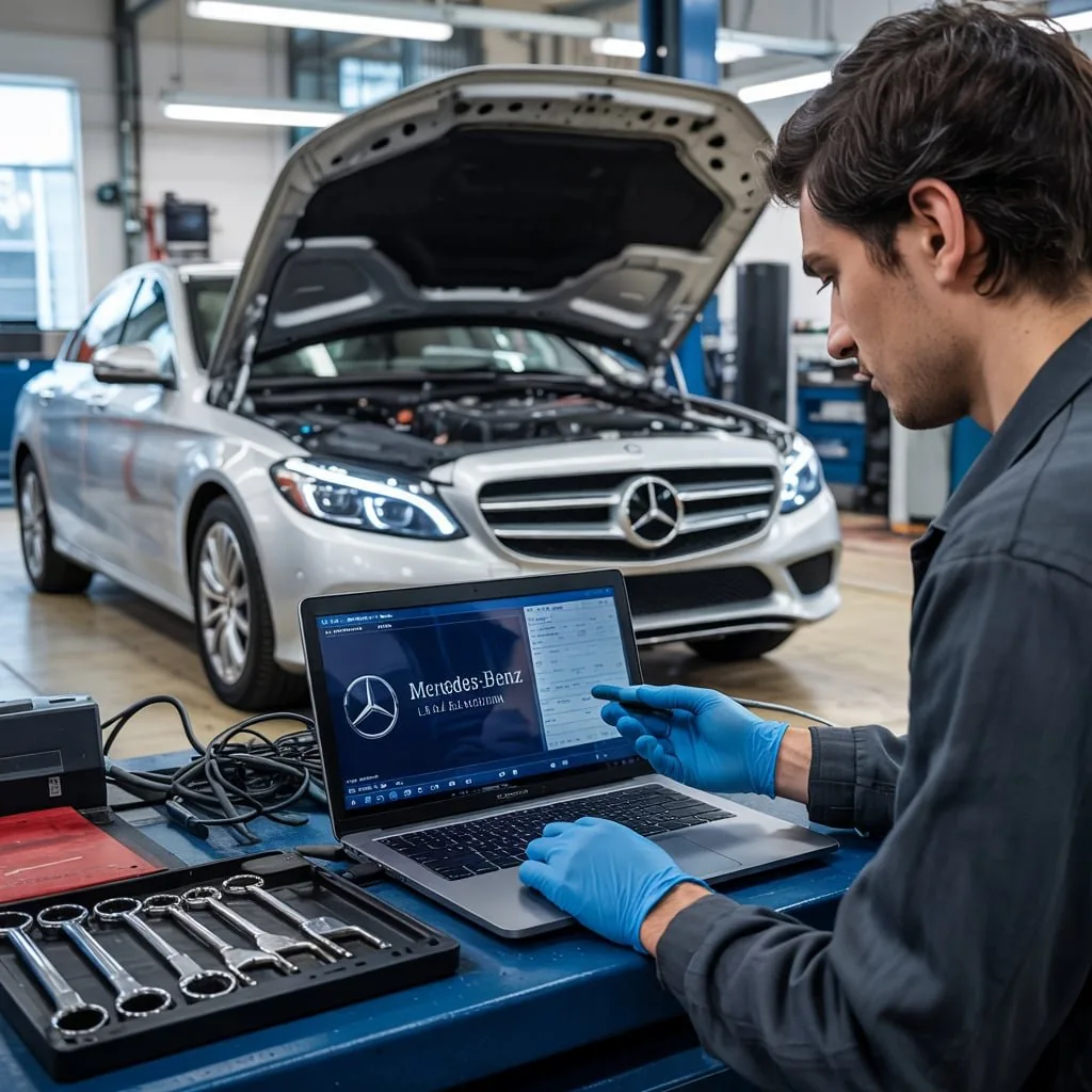 Technician using diagnostic equipment beside a Mercedes