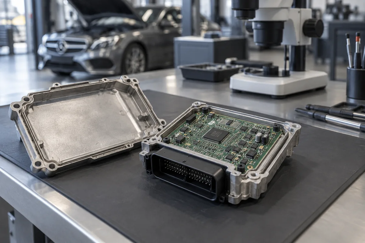 Engine control module on a workshop bench