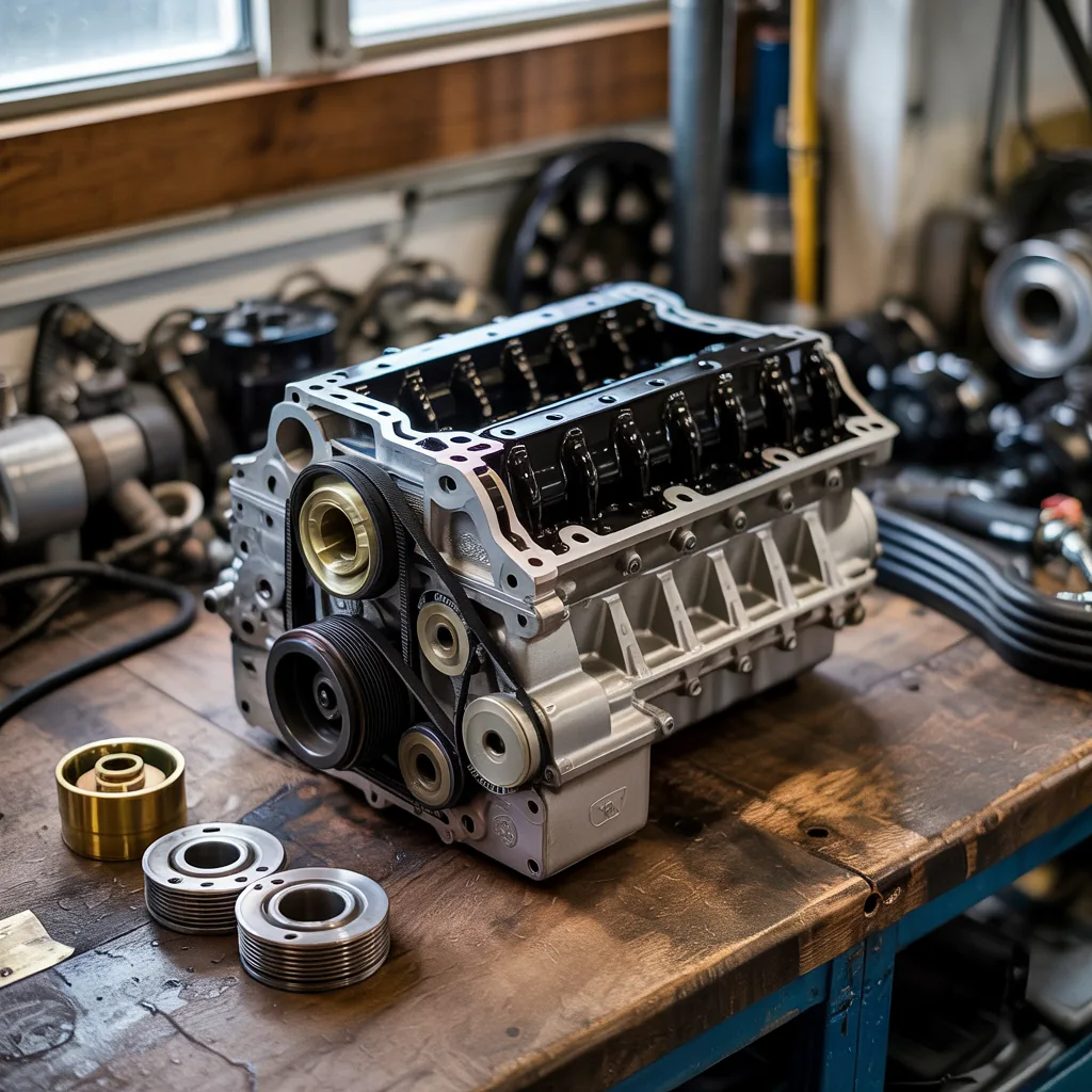 Disassembled engine and components on a workshop bench