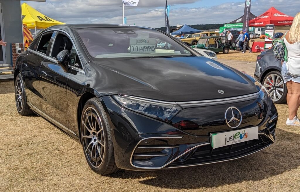 Mercedes EQS electric sedan at a public display