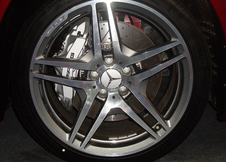 Mercedes wheel showing a disc and brake caliper