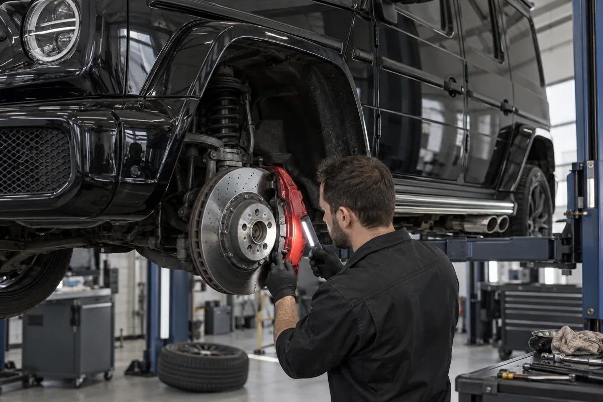 Illustration of a technician inspecting the front brake on a Mercedes G-Class