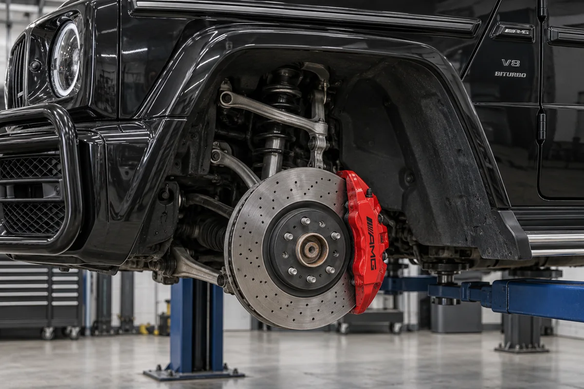 Brake disc and coil-spring suspension in a Mercedes G-Class wheel arch