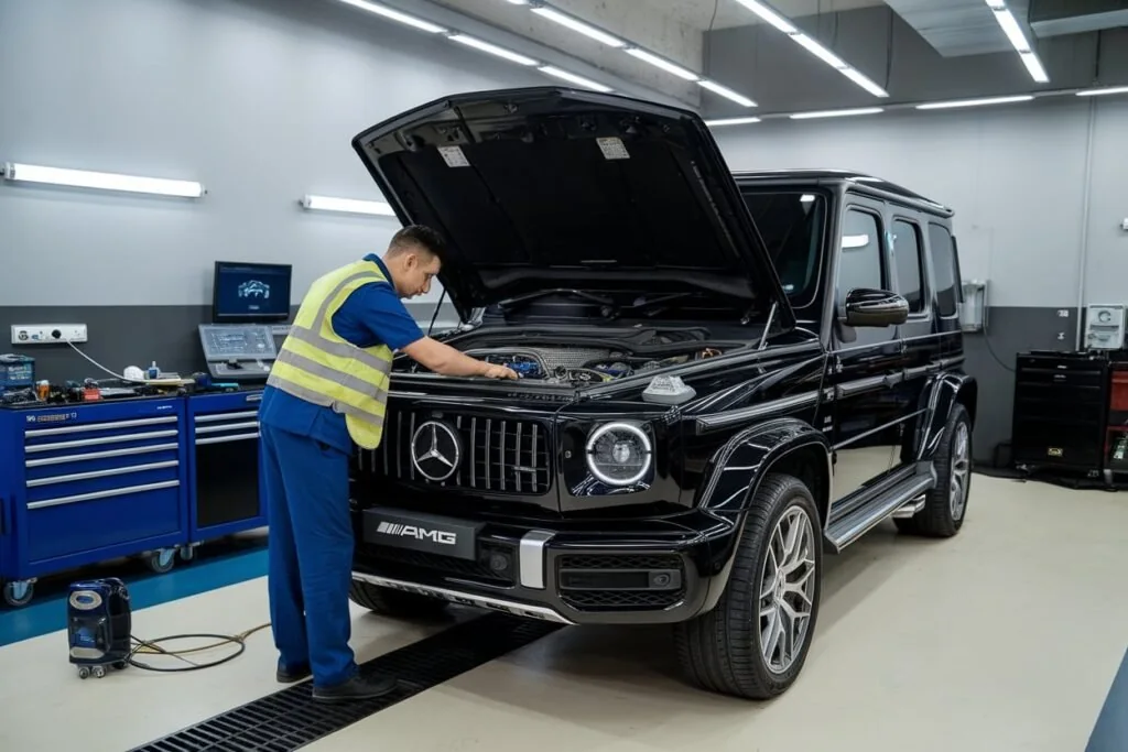 Technician beside the open engine bay of a Mercedes G-Class
