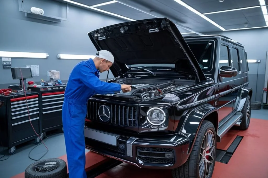 Mercedes G-Class with its hood open in a workshop