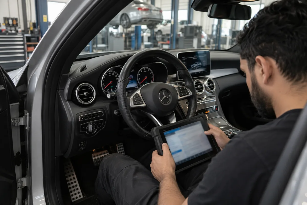 Technician reviewing diagnostic information in a parked left-hand-drive Mercedes