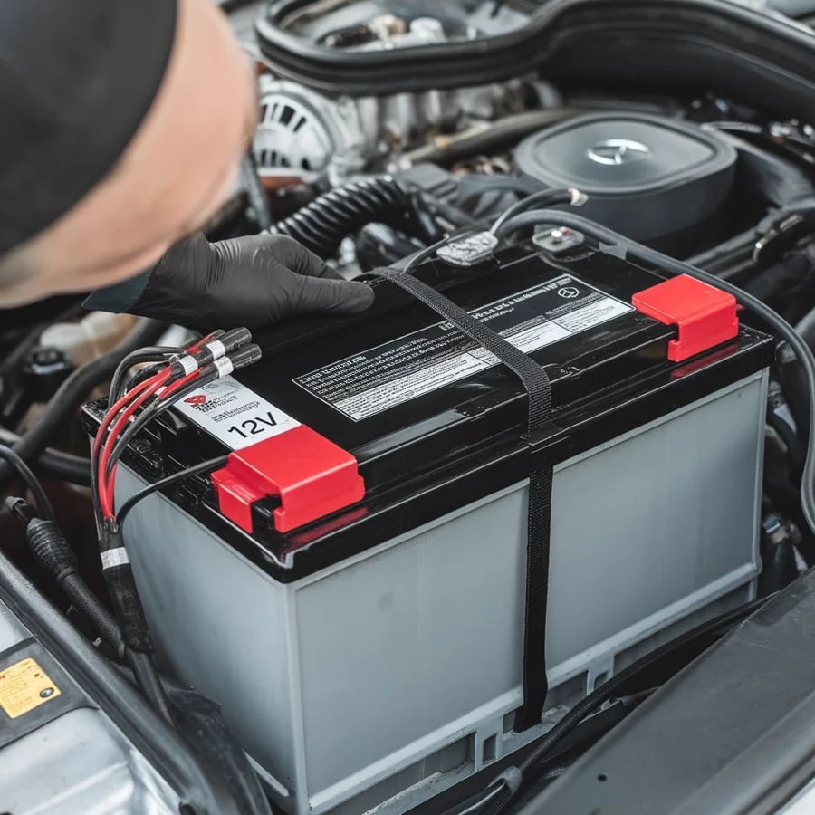 Conventional 12V vehicle battery and engine-bay connections
