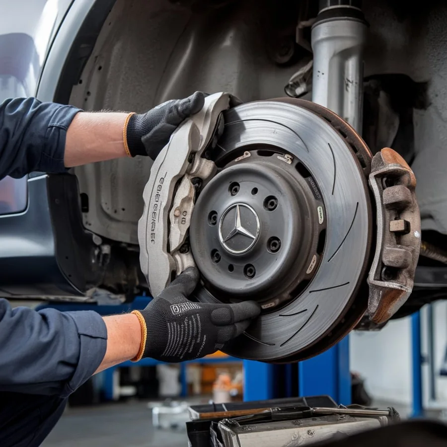 Brake disc and caliper during a workshop inspection