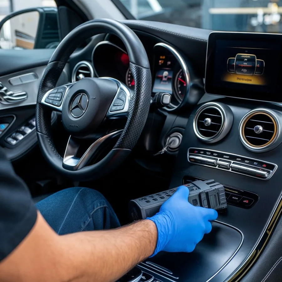 Mercedes cabin with climate controls and workshop diagnostic equipment